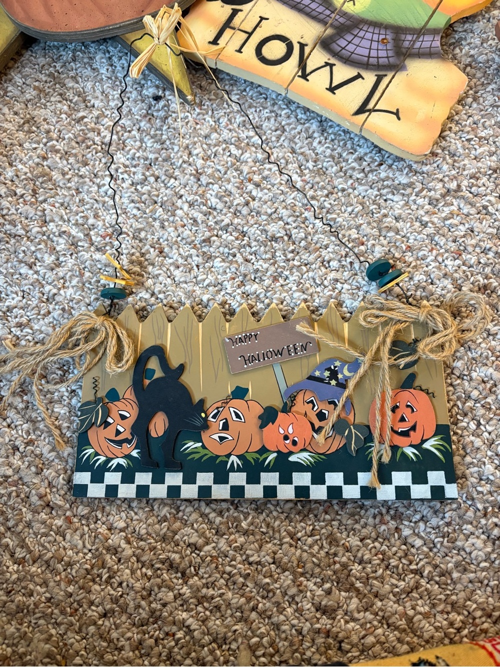 Happy Halloween Pumpkin & Black Cat Hanging Sign - Orange, Black, Tan